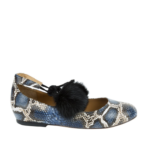 Cecelia New York Heidi Pom Pom Flat in Blue Snake