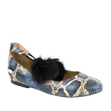 Cecelia New York Heidi Pom Pom Flat in Blue Snake